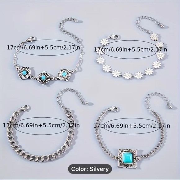 Set of 4 Adjustable Silver and Turquoise color western fashion jewelry bracelets - Picture 2 of 3